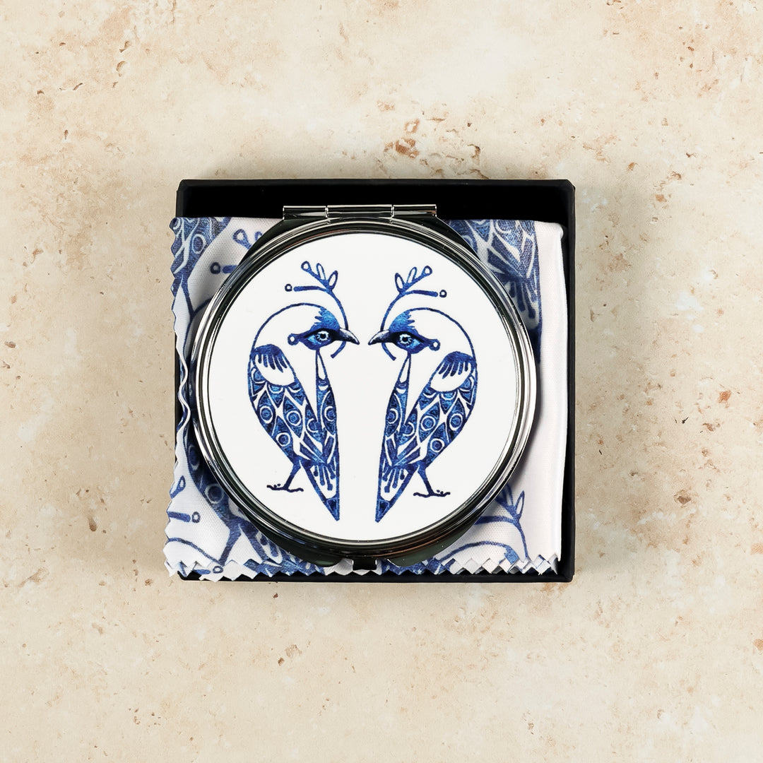 Lovebirds Folding Mirror and Lens Cloth - Blue Lovebirds on White