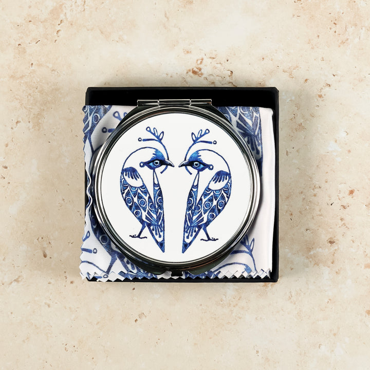 Lovebirds Folding Mirror and Lens Cloth - Blue Lovebirds on White