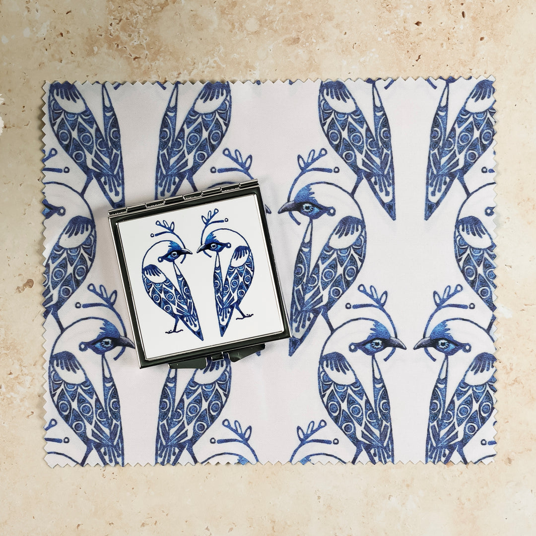 Lovebirds Folding Mirror and Lens Cloth - Blue Lovebirds on White