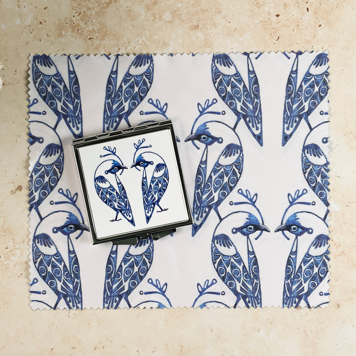 Lovebirds Folding Mirror and Lens Cloth - Blue Lovebirds on White