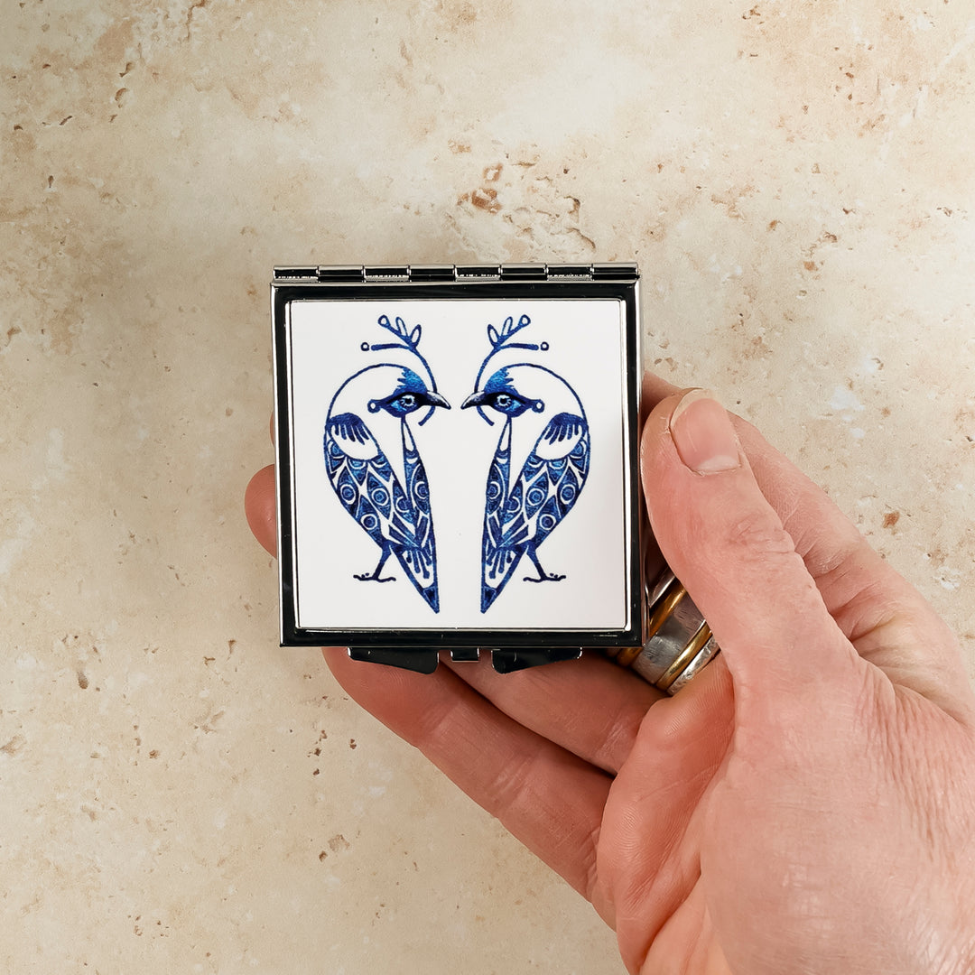Lovebirds Folding Mirror and Lens Cloth - Blue Lovebirds on White