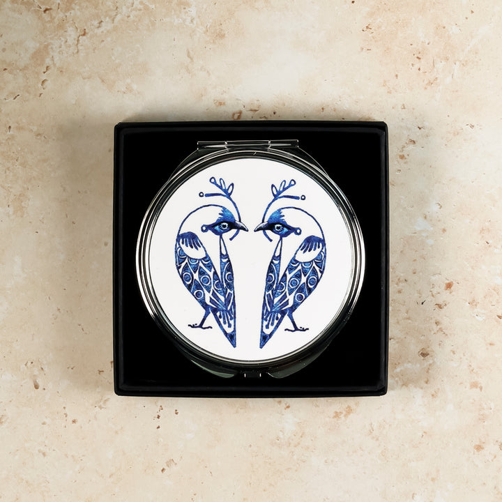 Lovebirds Folding Mirror and Lens Cloth - Blue Lovebirds on White