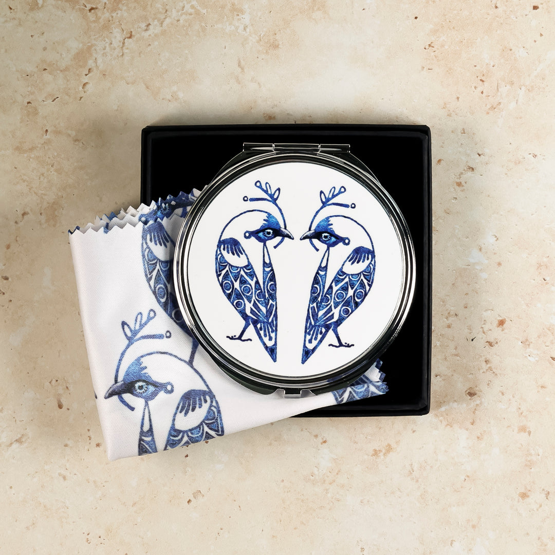Lovebirds Folding Mirror and Lens Cloth - Blue Lovebirds on White