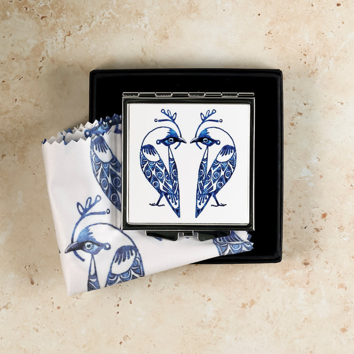 Lovebirds Folding Mirror and Lens Cloth - Blue Lovebirds on White