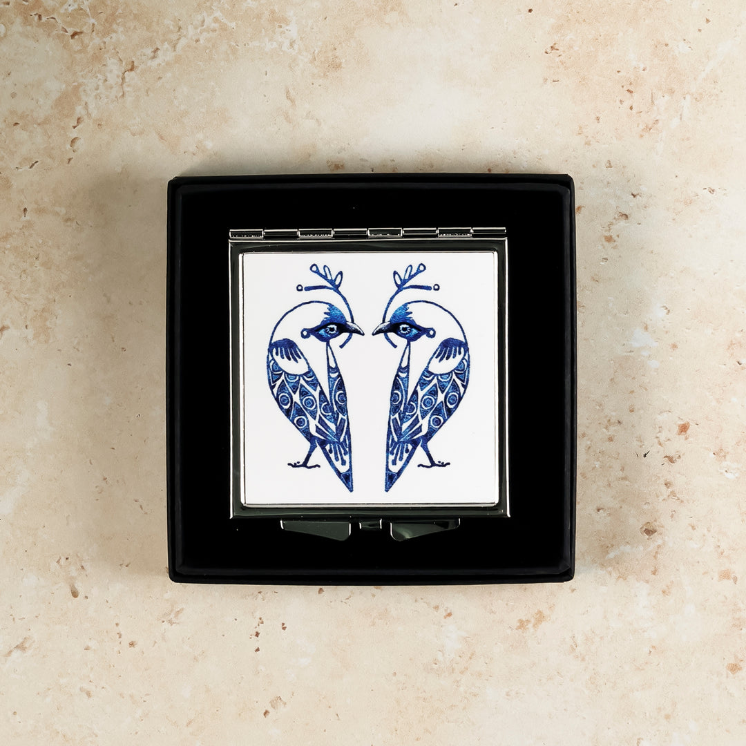 Lovebirds Folding Mirror and Lens Cloth - Blue Lovebirds on White