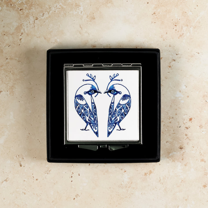 Lovebirds Folding Mirror and Lens Cloth - Blue Lovebirds on White