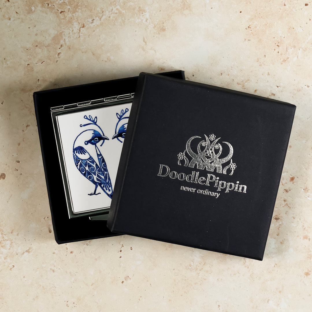 Lovebirds Folding Mirror and Lens Cloth - Blue Lovebirds on White