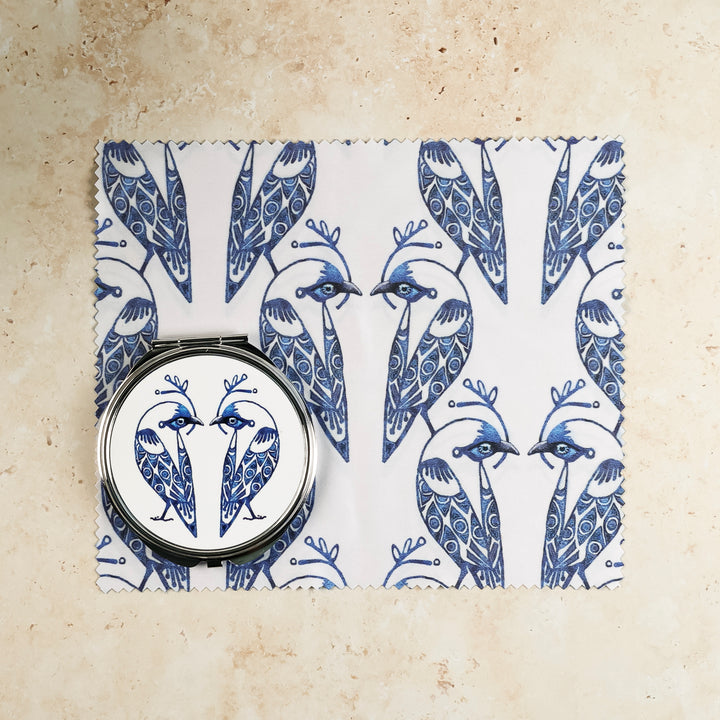 Lovebirds Folding Mirror and Lens Cloth - Blue Lovebirds on White