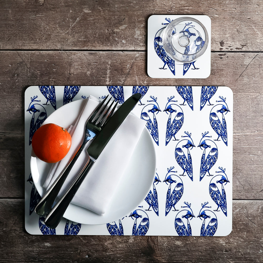 SALE - Single Lovebirds Placemat - Blue &amp; White
