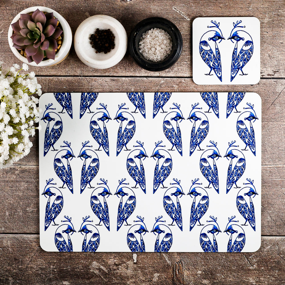 SALE - Single Lovebirds Placemat - Blue &amp; White