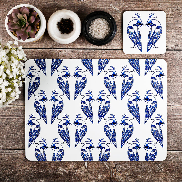SALE - Single Lovebirds Placemat - Blue &amp; White