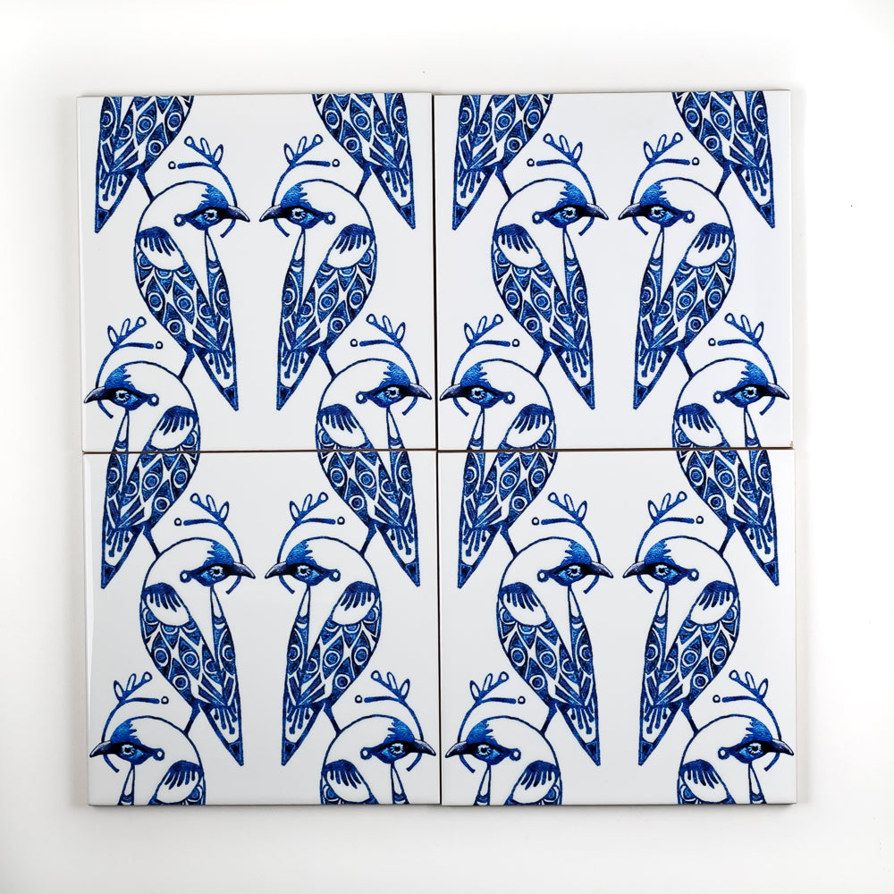 Lovebirds Tile - Blue &amp; White