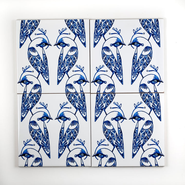 Lovebirds Tile - Blue &amp; White