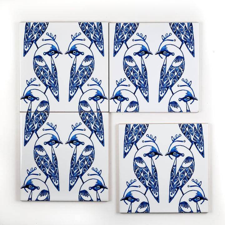 SALE - Set of 4x 15.2cm Lovebirds Prototype Tiles - Blue &amp; White