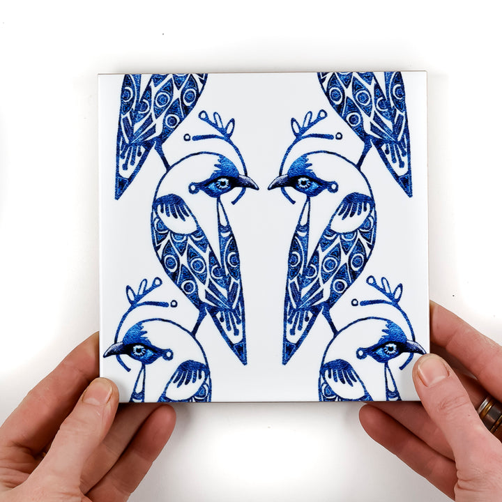 Lovebirds Tile - Blue &amp; White