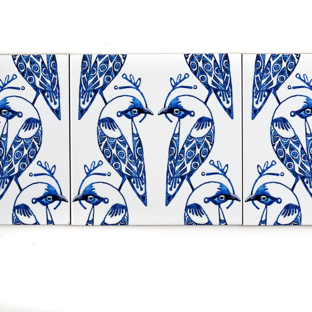 SALE - Set of 4x 15.2cm Lovebirds Prototype Tiles - Blue &amp; White