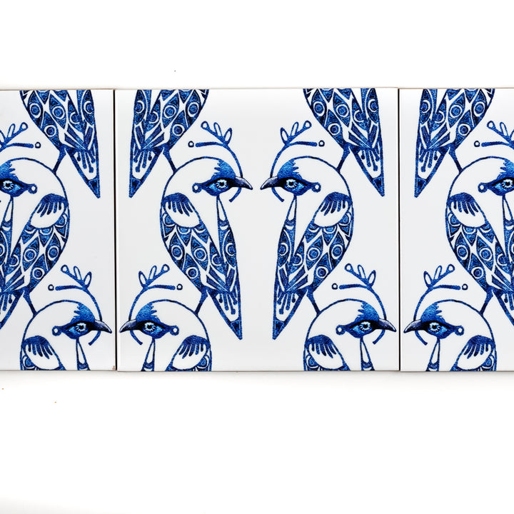 SALE - Set of 4x 15.2cm Lovebirds Prototype Tiles - Blue &amp; White