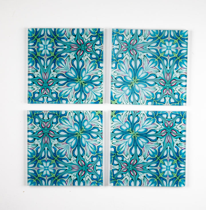 SALE SECONDS Coaster Set - 4x glass flourishing garden design (square)