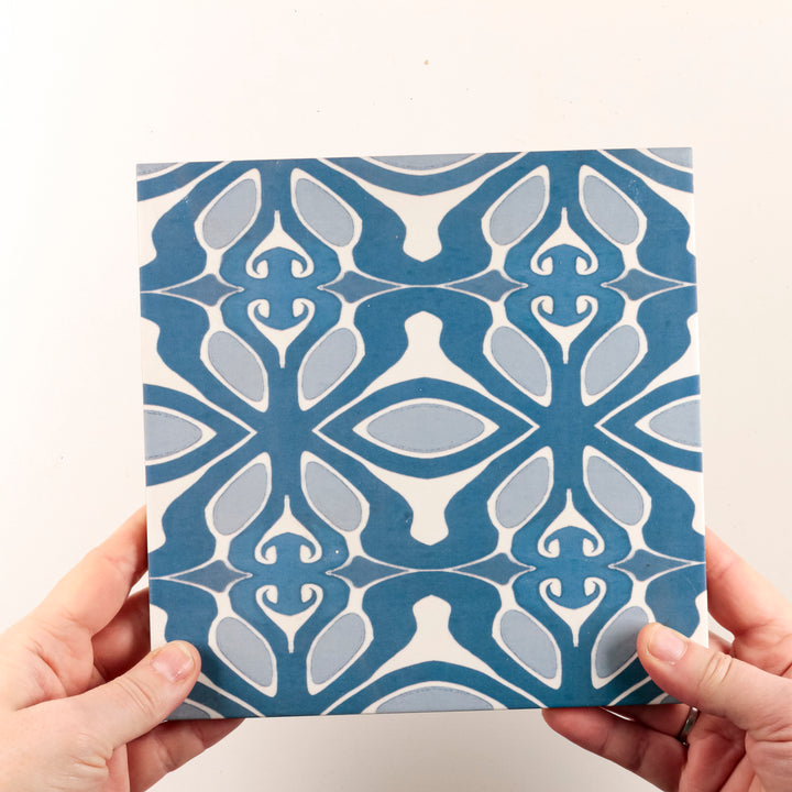 SALE - 1 x 20cm Blue/Grey Art Deco Tile -  FIRED INK Version