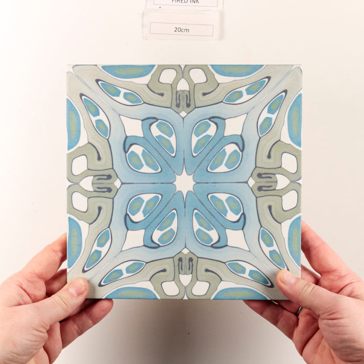 SALE - 1 x 20cm "Suzanne" Muted Blue/Grey Art Deco Tile -  FIRED INK Version