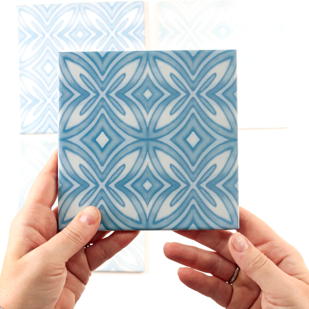 SALE SET of 4x "Mix and Match" Celtic blue design tiles -  FIRED INK Version