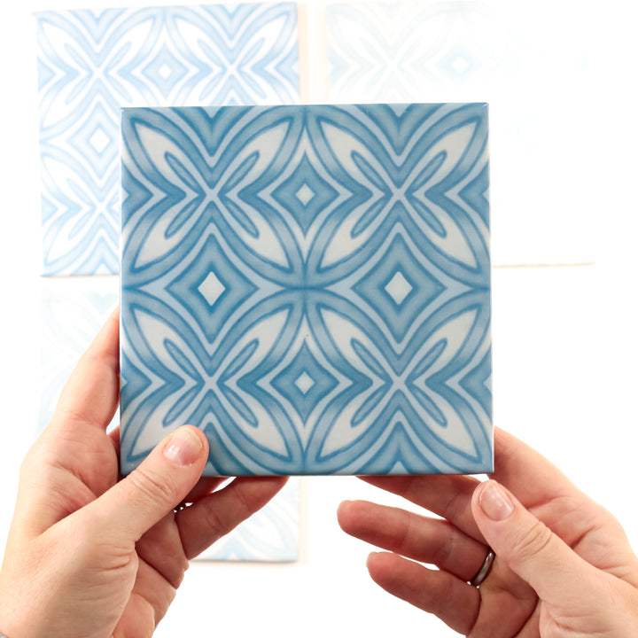 SALE SET of 4x "Mix and Match" Celtic blue design tiles -  FIRED INK Version