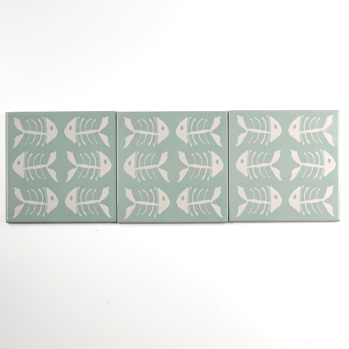 SALE SET of 3x Bonefish on Pale Blue design- 15cm tiles -  FIRED INK Version