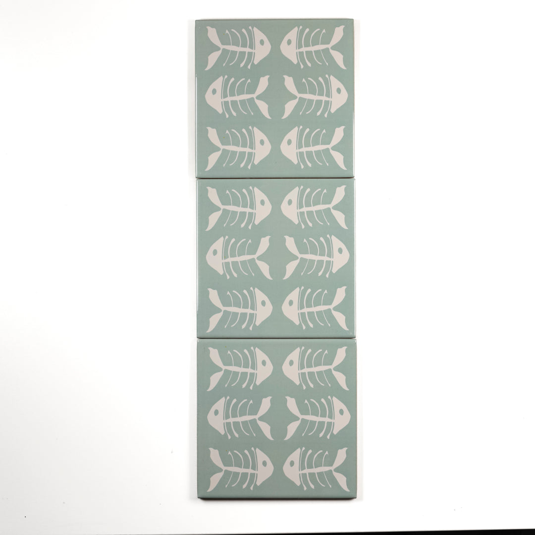 SALE SET of 3x Bonefish on Pale Blue design- 15cm tiles -  FIRED INK Version