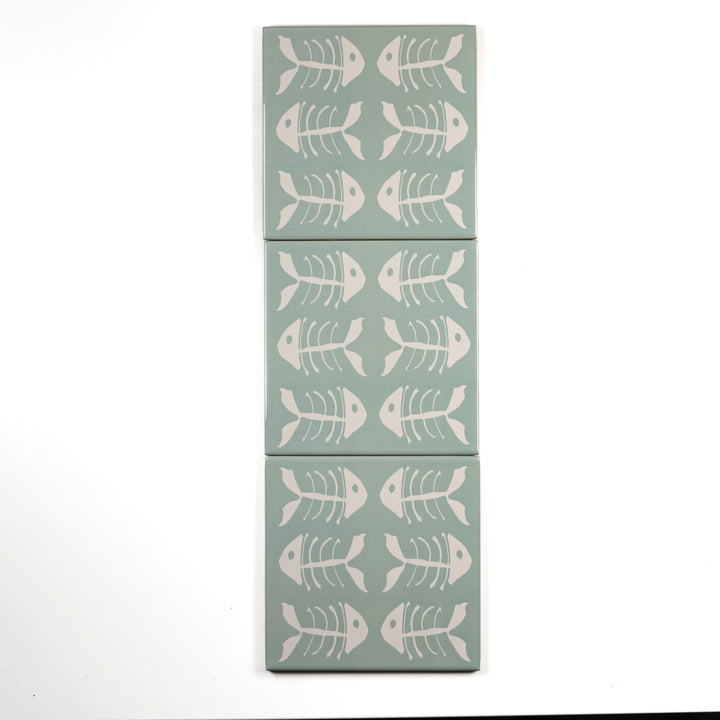 SALE SET of 3x Bonefish on Pale Blue design- 15cm tiles -  FIRED INK Version