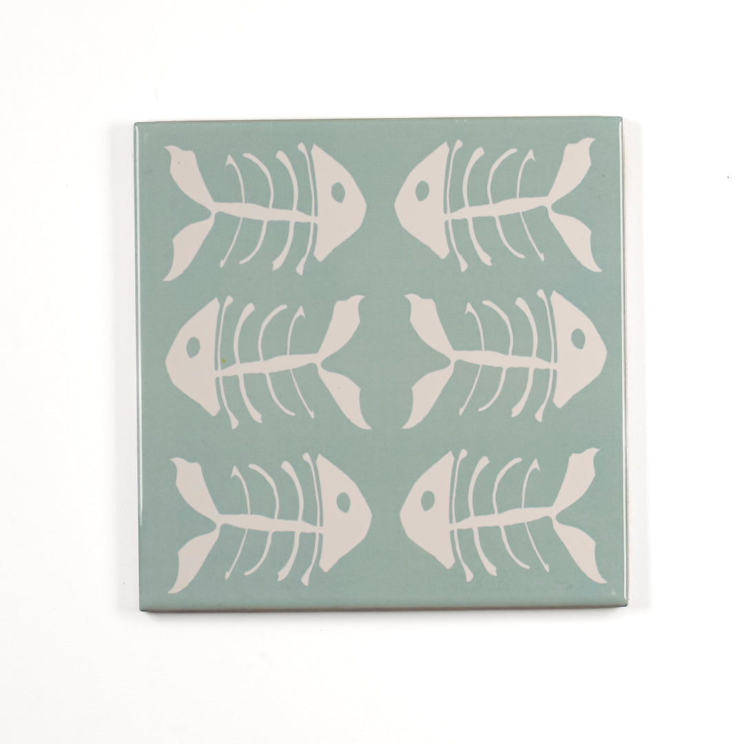 SALE SET of 3x Bonefish on Pale Blue design- 15cm tiles -  FIRED INK Version