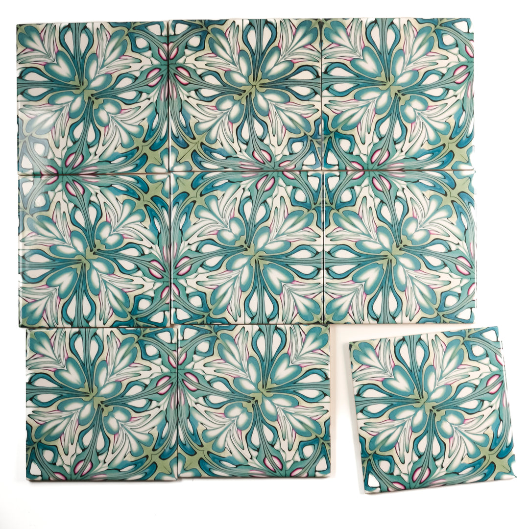 SALE SET of 9x Flourishing Garden tiles - large scale design -  FIRED INK Version