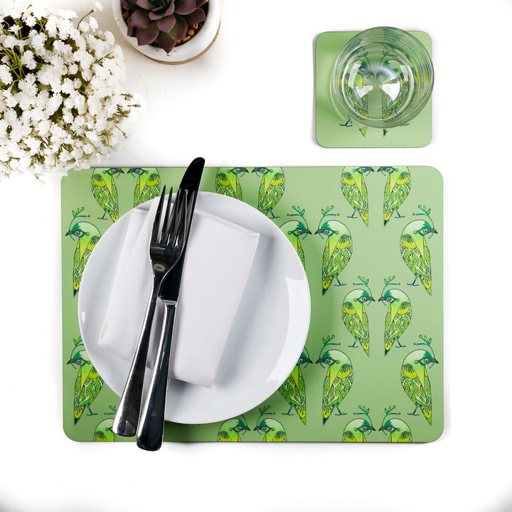 SALE - Lovebirds Placemat and Coaster Set - Green and Yellow