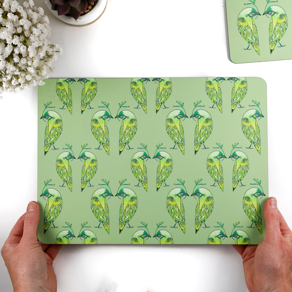 SALE - Lovebirds Placemat and Coaster Set - Green and Yellow
