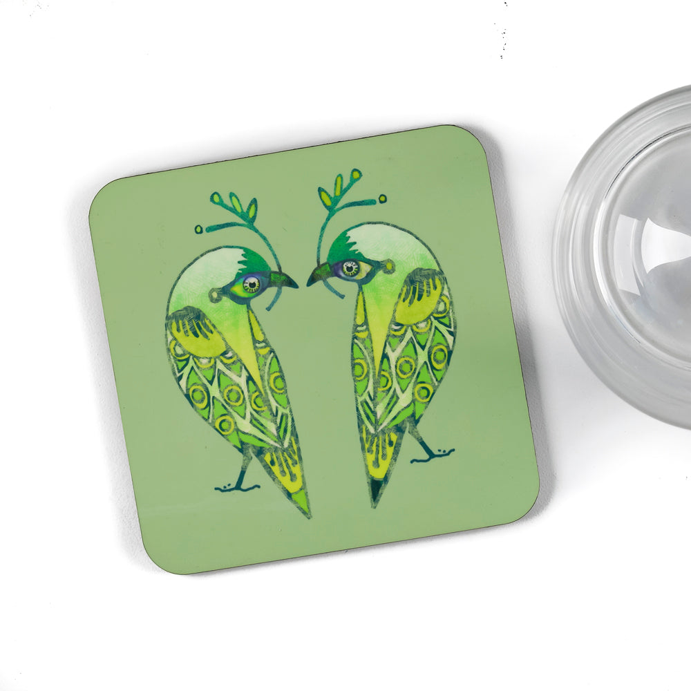 SALE - Lovebirds Placemat and Coaster Set - Green and Yellow