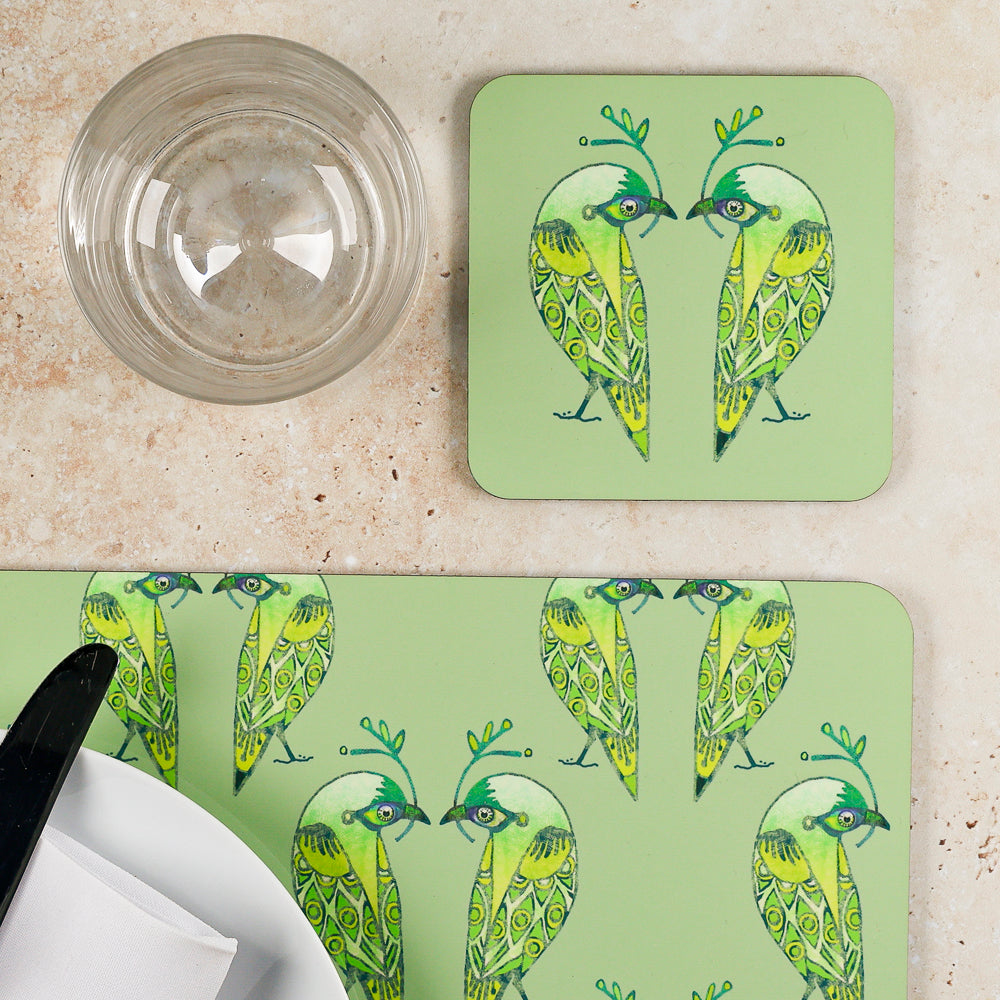 SALE - Lovebirds Placemat and Coaster Set - Green and Yellow