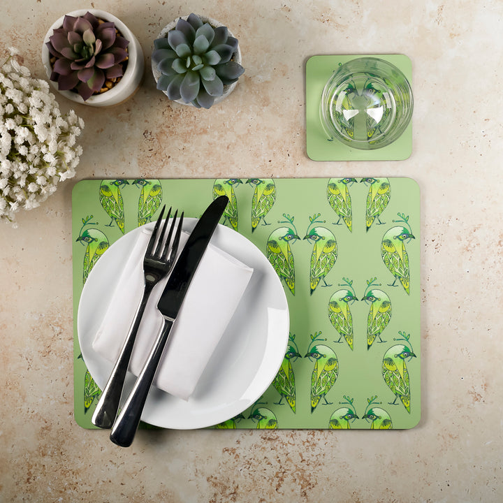SALE - Lovebirds Placemat and Coaster Set - Green and Yellow
