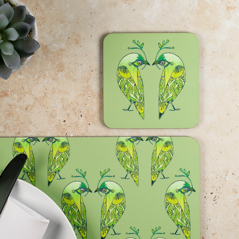 SALE - Lovebirds Placemat and Coaster Set - Green and Yellow