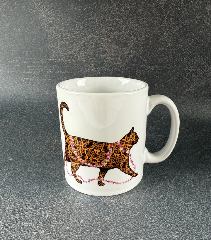 SALE - Christmas Cat Ceramic mug - tortoiseshell cat with pink fairy lights