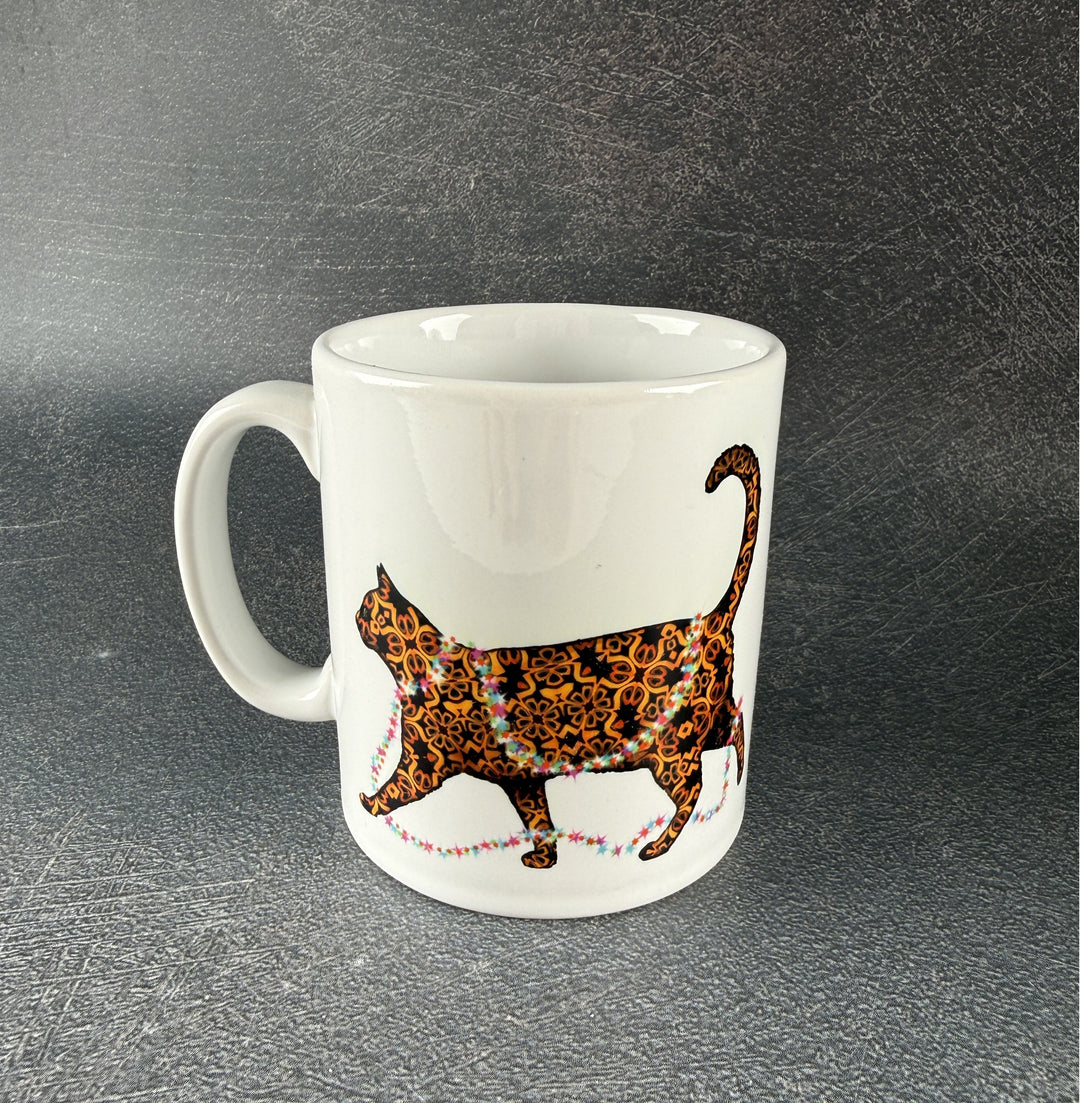 SALE - Christmas Cat Ceramic mug - tortoiseshell cat with pink fairy lights