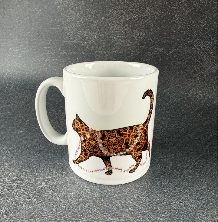 SALE - Christmas Cat Ceramic mug - tortoiseshell cat with pink fairy lights