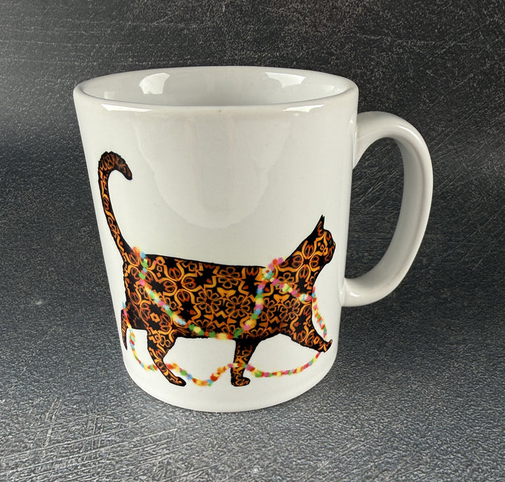 SALE - Christmas Cat Ceramic mug - tortoiseshell cat with fairy lights