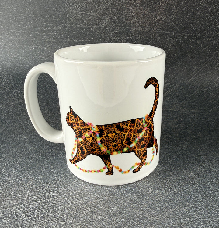 SALE - Christmas Cat Ceramic mug - tortoiseshell cat with fairy lights
