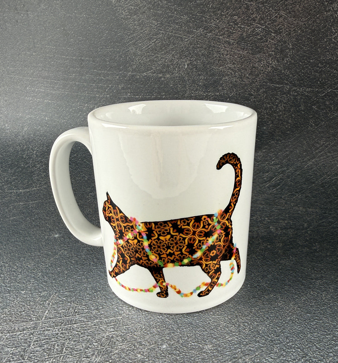 SALE - Christmas Cat Ceramic mug - tortoiseshell cat with fairy lights