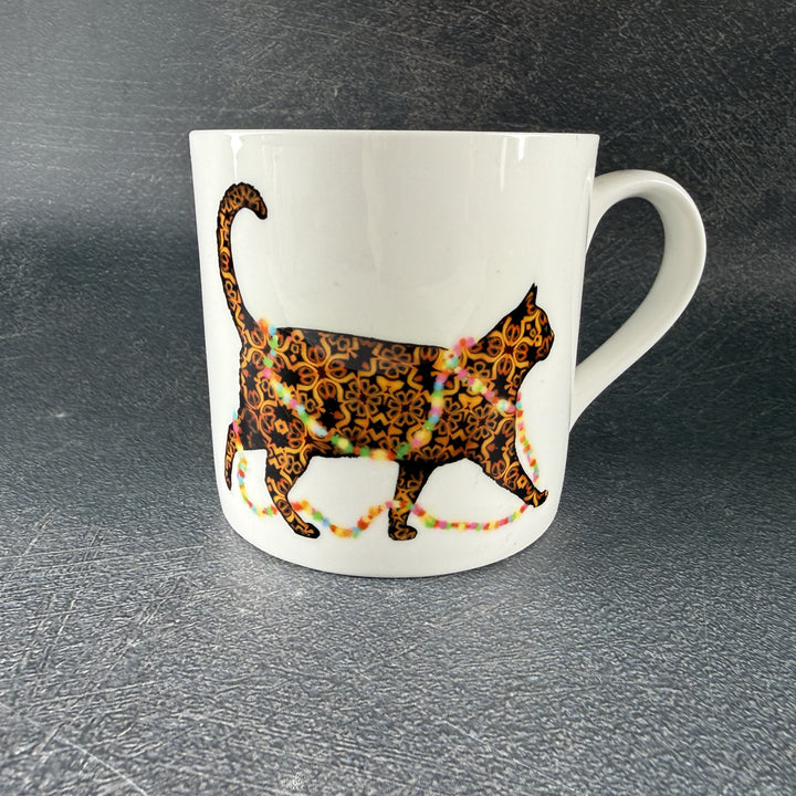 SALE - Christmas Cat Bone China mug - tortoiseshell cat with fairy lights