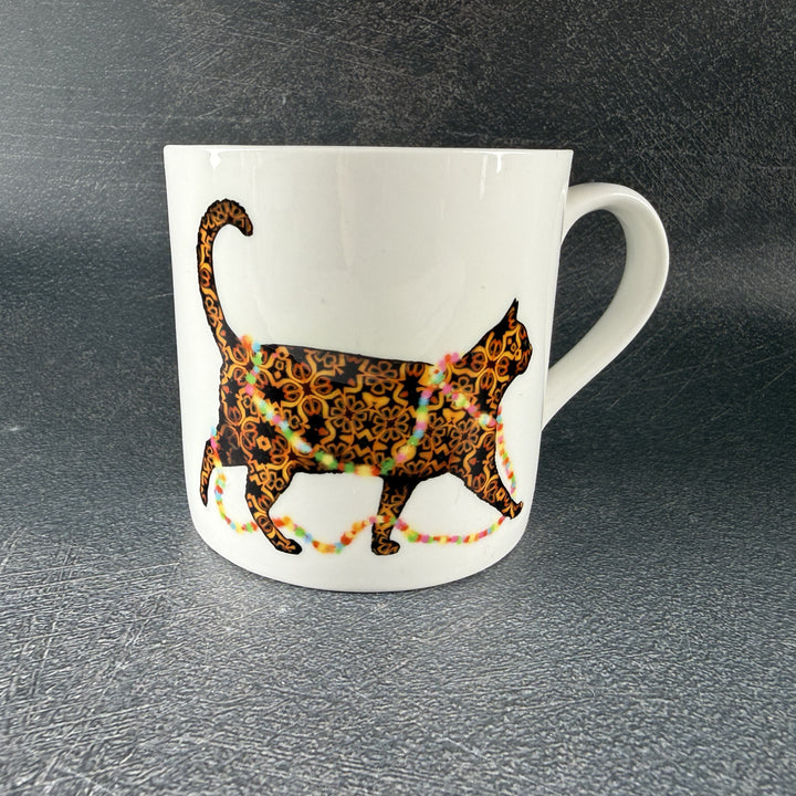 SALE - Christmas Cat Bone China mug - tortoiseshell cat with fairy lights