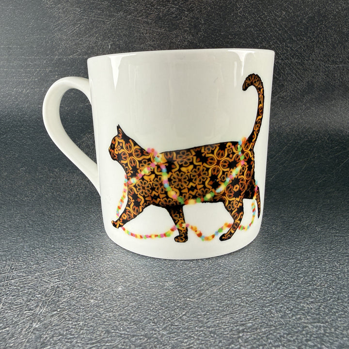 SALE - Christmas Cat Bone China mug - tortoiseshell cat with fairy lights
