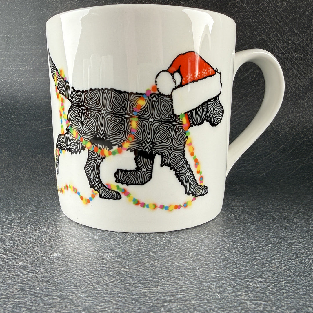 SALE - Christmas Labradoodle bone china mug - black dog with hat &amp; fairy lights