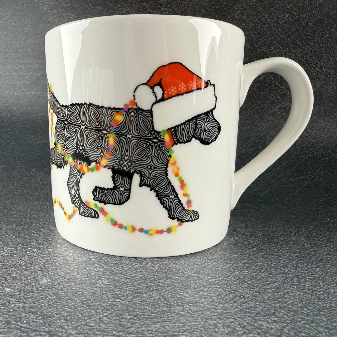 SALE - Christmas Labradoodle bone china mug - black dog with hat &amp; fairy lights