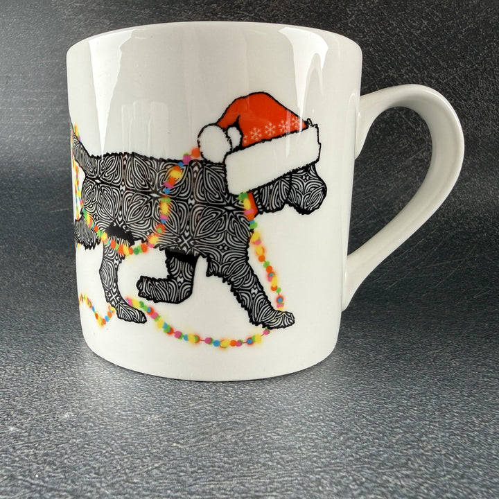 SALE - Christmas Labradoodle bone china mug - black dog with hat &amp; fairy lights