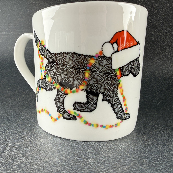 SALE - Christmas Labradoodle bone china mug - black dog with hat &amp; fairy lights